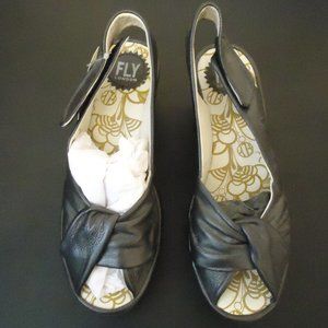 Fly London Black Wedge Sandal- NEW- Size 38 with tag- no box.